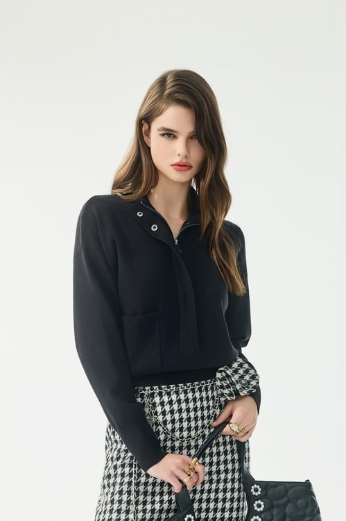 Patch Pocket Long Sleeve Knit Top,Knitted tops