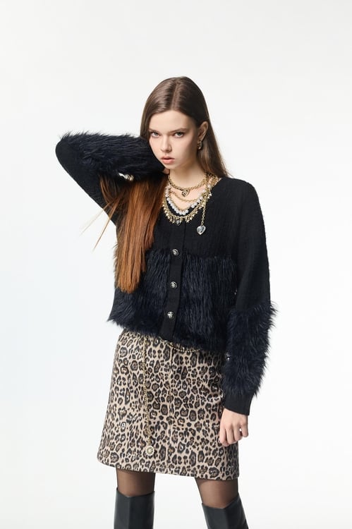 Faux Fur Detail Knit Top,Knitted