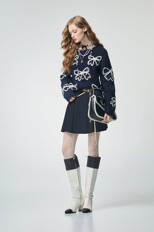 Contrast Bow Detail Navy Knit Top,bows