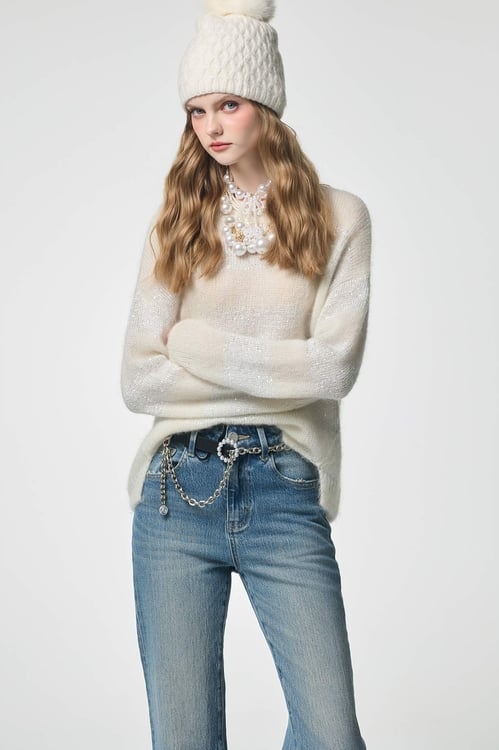 Sequin Wide Contrast Stripe Knit Top,Tops