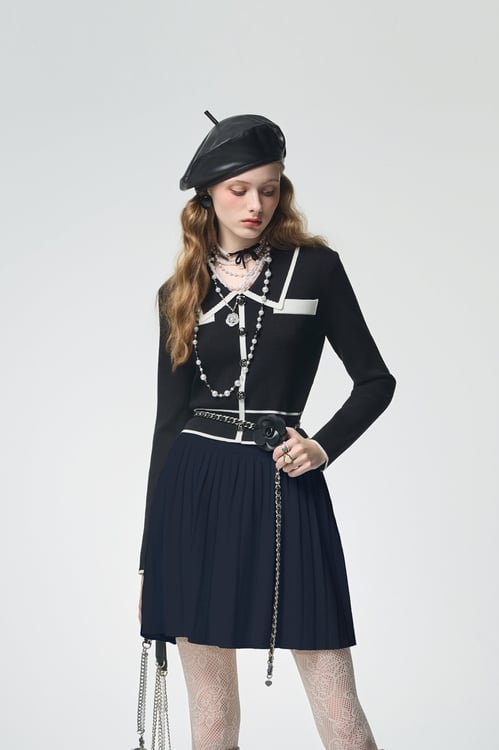 Contrast Trim Navy Knit Cardigan,Tops