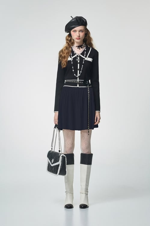 Contrast Trim Navy Knit Cardigan,Tops