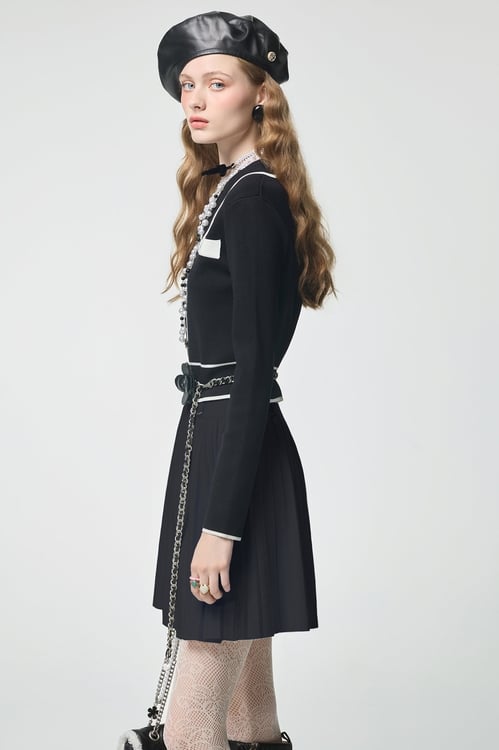 Contrast Trim Navy Knit Cardigan,Tops