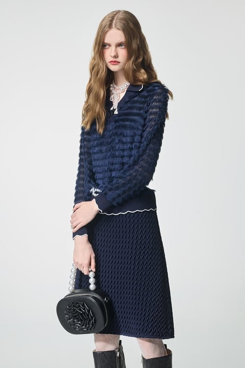 Navy Fringe Detail Long Sleeve Top,Tops