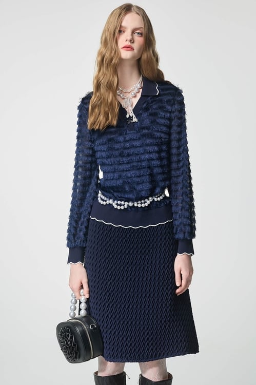 Navy Fringe Detail Long Sleeve Top,Tops