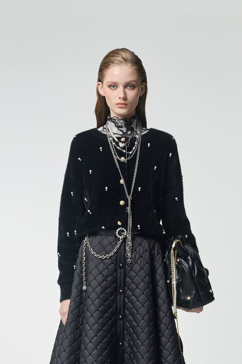 Pearl Applique Faux Fur Black Top,Office Looks