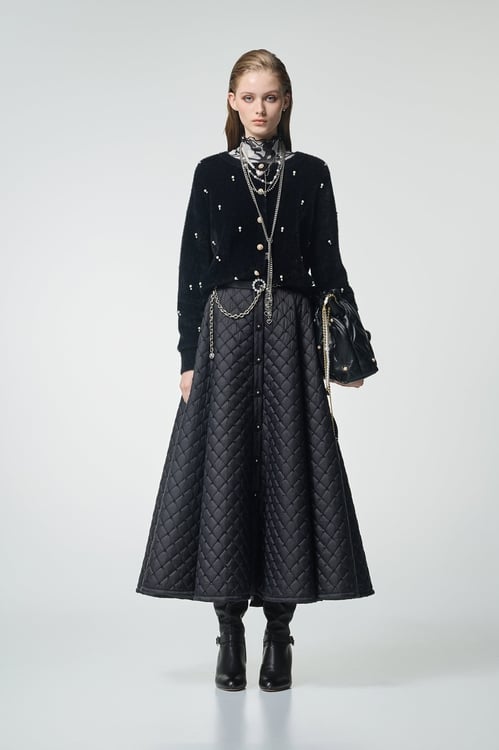 Pearl Applique Faux Fur Black Top,Office Looks