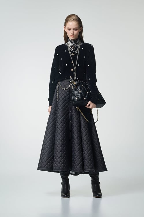 Pearl Applique Faux Fur Black Top,Office Looks