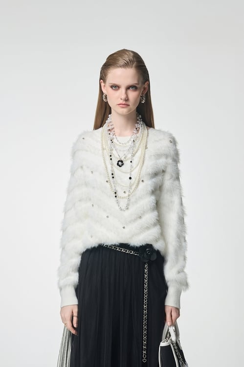 Beaded Faux Fur White Top,Office Looks