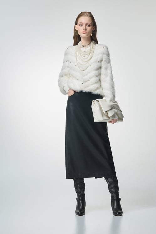 Beaded Faux Fur White Top,Office Looks