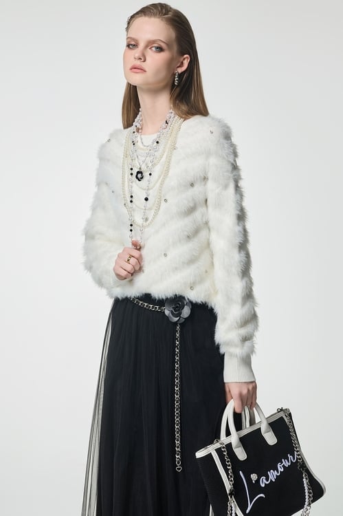 Beaded Faux Fur White Top,Office Looks
