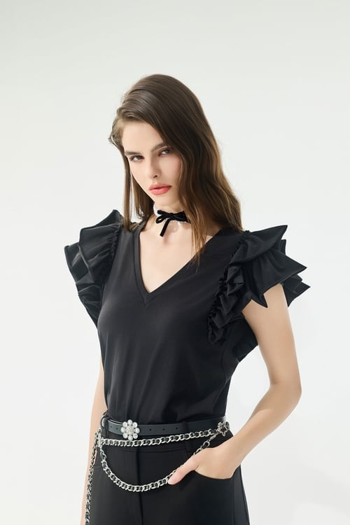 Ruffle Layered Sleeve V-neck Tee,Season (AW) Look