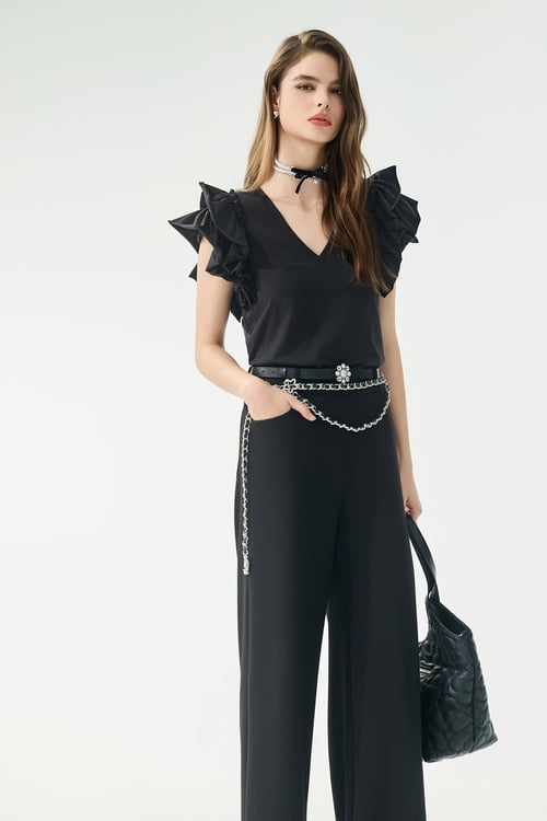 Ruffle Layered Sleeve V-neck Tee,Season (AW) Look