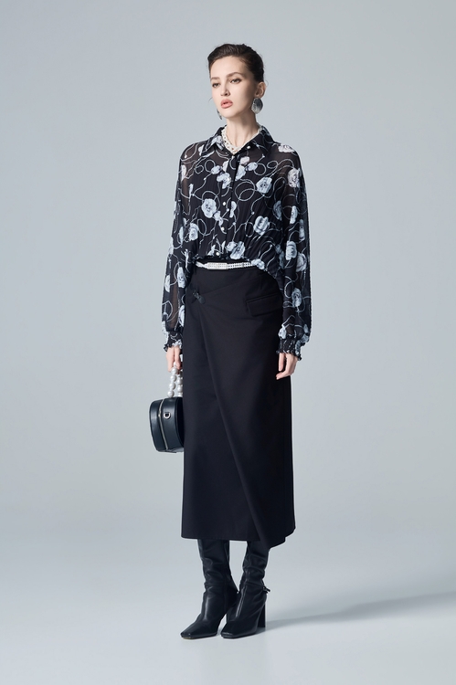 Rose Print Pleated Chiffon Blouse,Chiffon