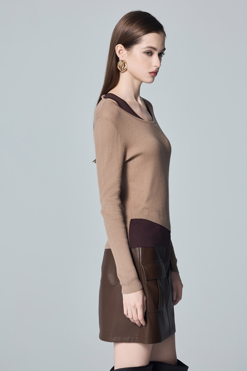 Fake Two Piece Coco Brown Knit Top,,Fake Two Piece Coco Brown Knit Top,Jackets,Outerwear,Season (AW) Look,Knitted,Knitted coats,Jackets,Outerwear,Leather,Season (AW) Look,Culottes,Season (AW) Look,Embroidered,pants,Knitted,Tops,Season (AW) Look,Knitted,Knitted tops