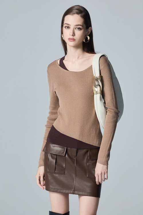 Fake Two Piece Coco Brown Knit Top,,Fake Two Piece Coco Brown Knit Top,Jackets,Outerwear,Season (AW) Look,Knitted,Knitted coats,Jackets,Outerwear,Leather,Season (AW) Look,Culottes,Season (AW) Look,Embroidered,pants,Knitted,Tops,Season (AW) Look,Knitted,Knitted tops