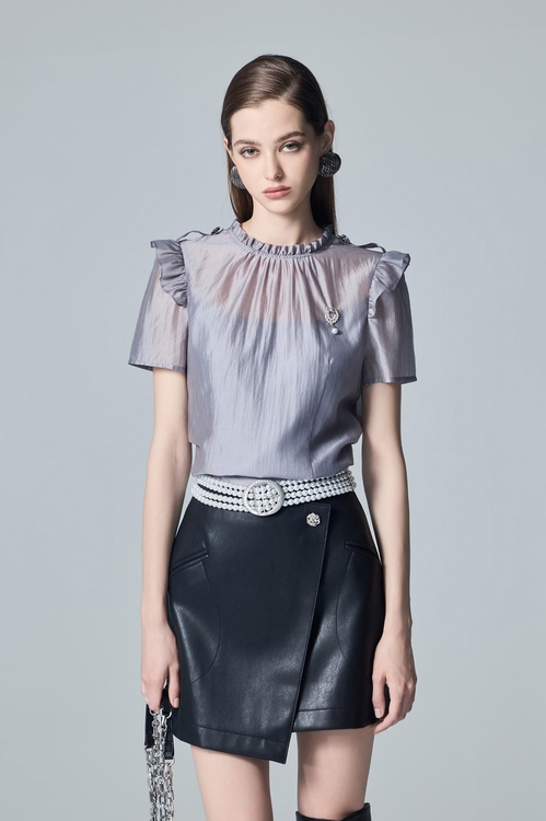 Grey Short Sleeve Accessory Brooch Top,Mesh tops