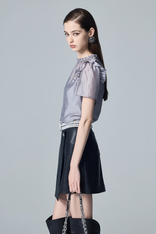 Grey Short Sleeve Accessory Brooch Top,Mesh tops