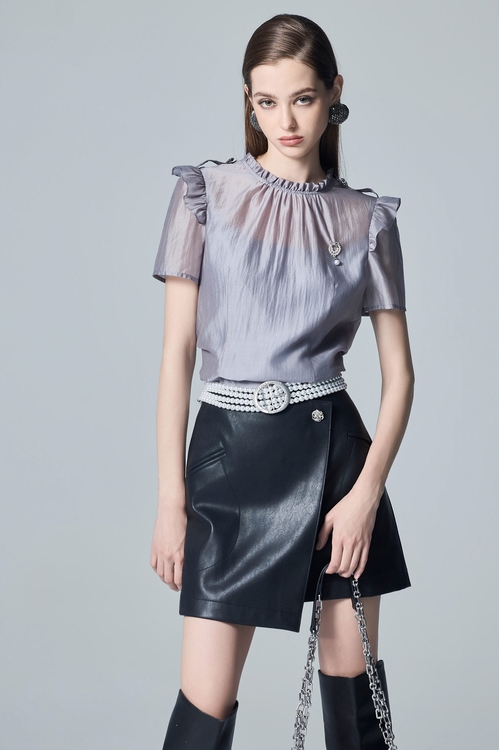 Grey Short Sleeve Accessory Brooch Top,Mesh tops