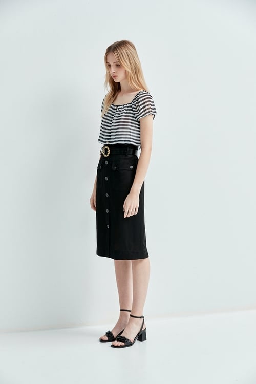 Short Sleeve Black Stripe Top,Chiffon