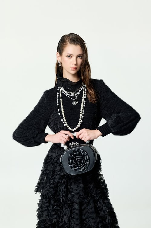 Ruffle Collar Long Sleeve Fringe Detail Top,,Ruffle Collar Long Sleeve Fringe Detail Top,Tops,Season (AW) Look,Knitted,black tops