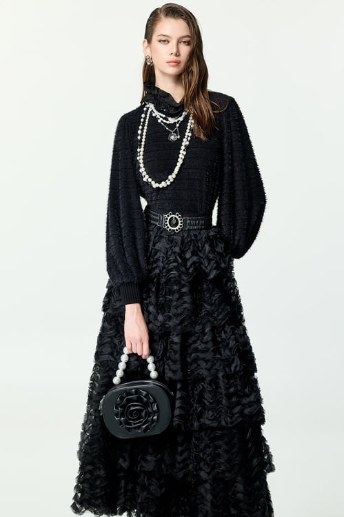 Ruffle Collar Long Sleeve Fringe Detail Top,,Ruffle Collar Long Sleeve Fringe Detail Top,Tops,Season (AW) Look,Knitted,black tops