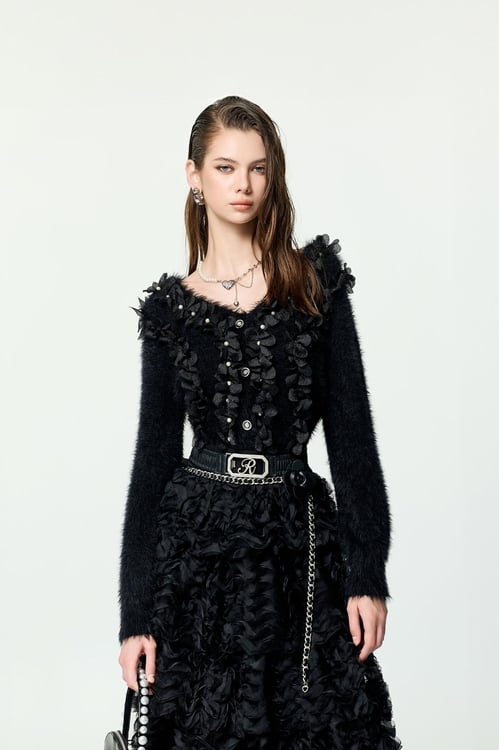 3-D Floral Detail Faux Fur Knit Top,,3-D Floral Detail Faux Fur Knit Top,Tops,Season (AW) Look,Knitted,black tops,Jackets,Outerwear,Season (AW) Look,Black outerwear,Tops,Season (AW) Look,black tops,Tops,pearl,Season (AW) Look,Knitted,Knitted tops,black tops