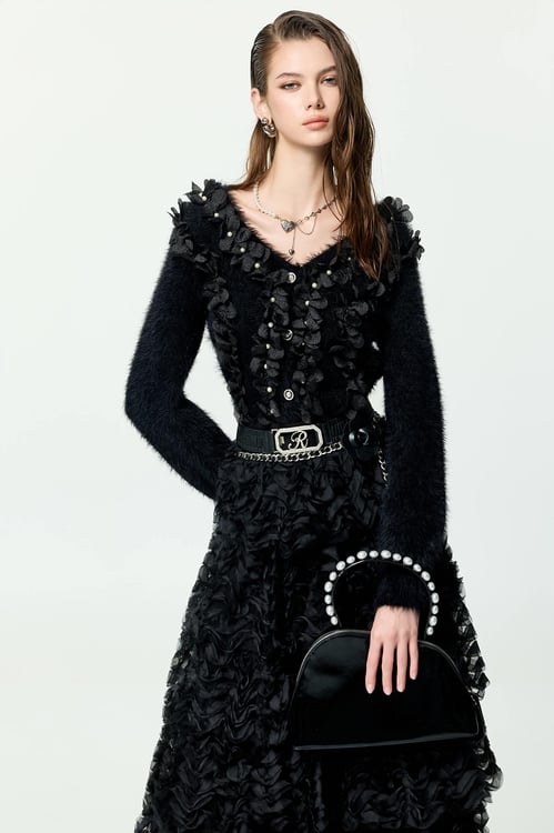 3-D Floral Detail Faux Fur Knit Top,,3-D Floral Detail Faux Fur Knit Top,Tops,Season (AW) Look,Knitted,black tops,Jackets,Outerwear,Season (AW) Look,Black outerwear,Tops,Season (AW) Look,black tops,Tops,pearl,Season (AW) Look,Knitted,Knitted tops,black tops