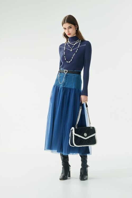 Turtleneck Navy Fitted Knit Top,Valentine