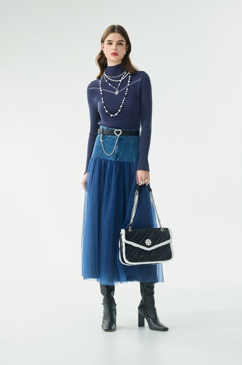 Turtleneck Navy Fitted Knit Top,Valentine