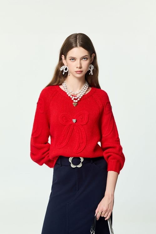 Bow Motif Raglan Sleeve Knit Top,Valentine