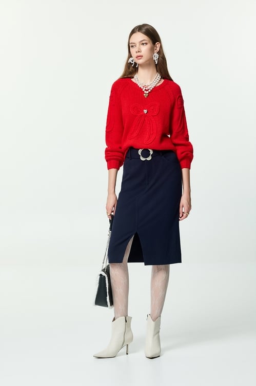 Bow Motif Raglan Sleeve Knit Top,Valentine