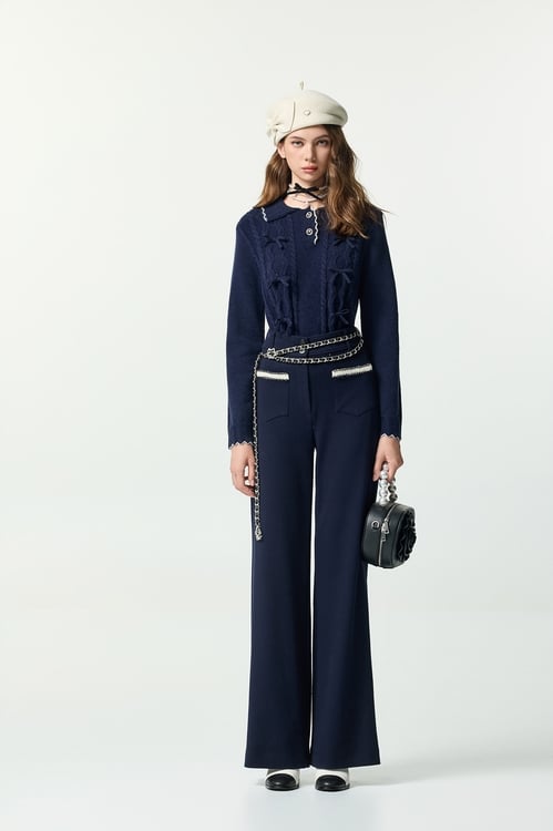 Bow Detail Navy Long Sleeve Knit Top,Valentine