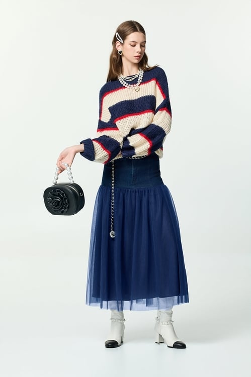 Wide Navy Stripe Knit Top,Valentine
