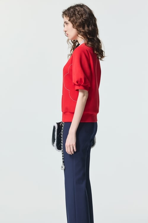 Chilli Red Floral Motif Short Sleeve Top,Valentine