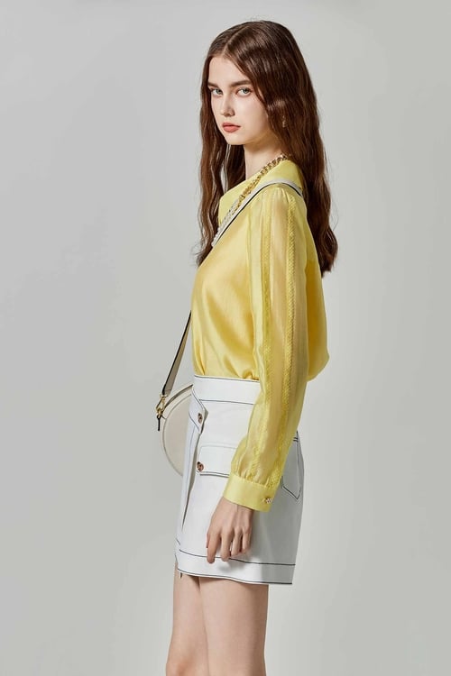 Yellow Long Sleeve Blouse With Lace Trim Detail,Tops
