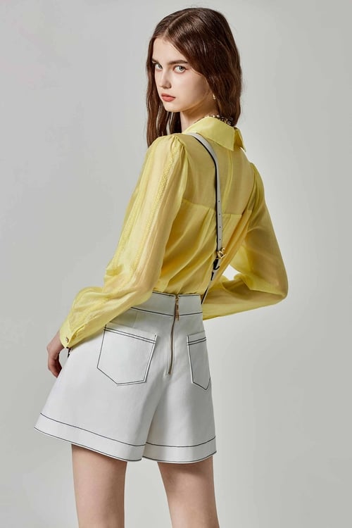 Yellow Long Sleeve Blouse With Lace Trim Detail,Tops