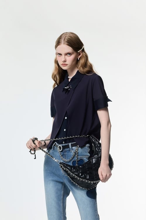 Short Sleeve Fake Two Piece Top,Tops