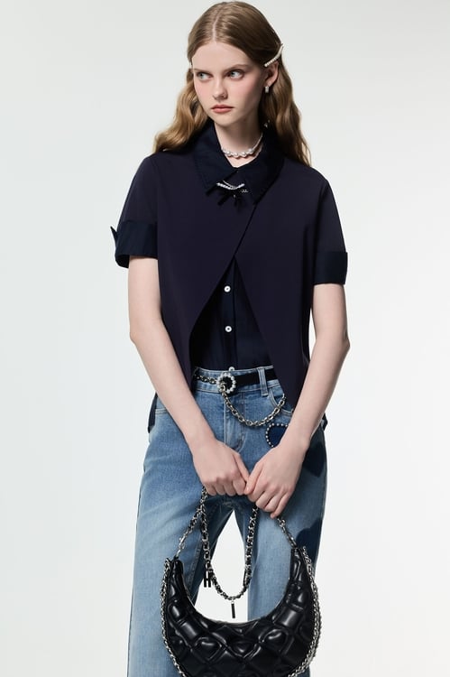 Short Sleeve Fake Two Piece Top,Tops