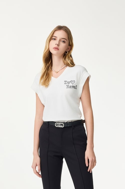 Embroidered Slogan Tee,Embroidered tops