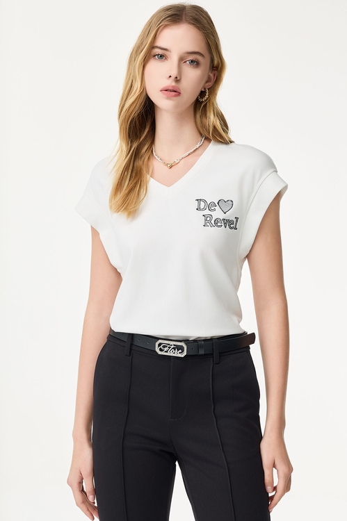 Embroidered Slogan Tee,Embroidered tops
