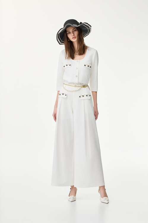 Jacquard Floral Top With Beading Applique,U-Neck T shirts