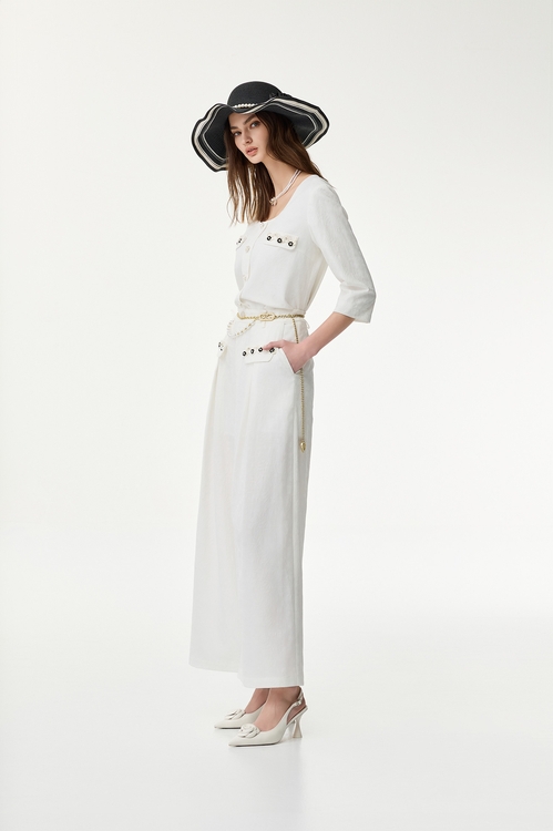 Jacquard Floral Top With Beading Applique,U-Neck T shirts