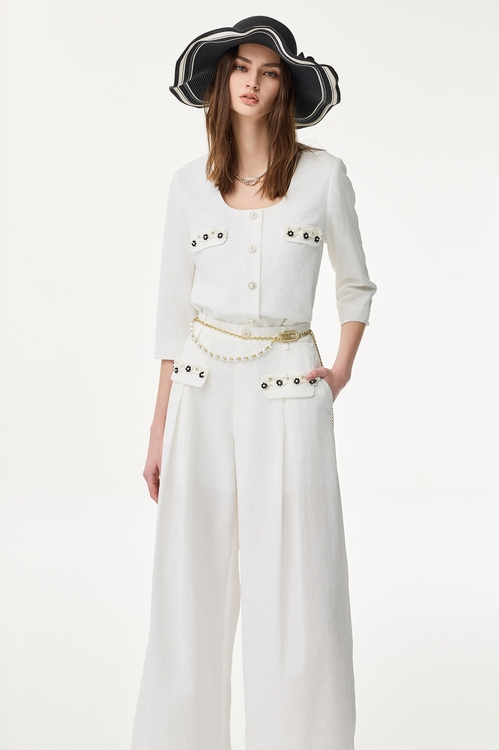 Jacquard Floral Top With Beading Applique,U-Neck T shirts