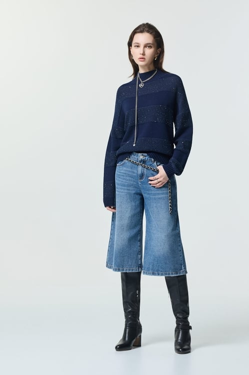 Blue Navy Stripe Sequin Detail Knit Top,Knitted tops