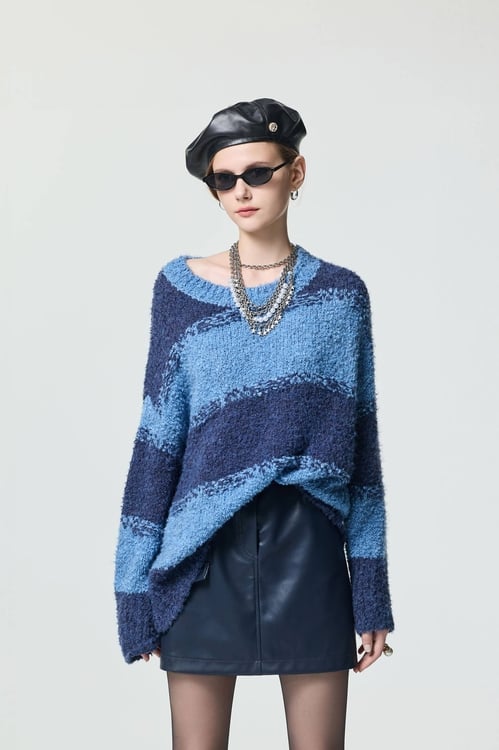 Contrast Blue Tone Long Sleeve Knit Top,pearl