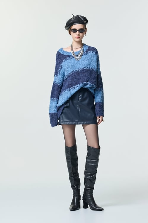 Contrast Blue Tone Long Sleeve Knit Top,pearl