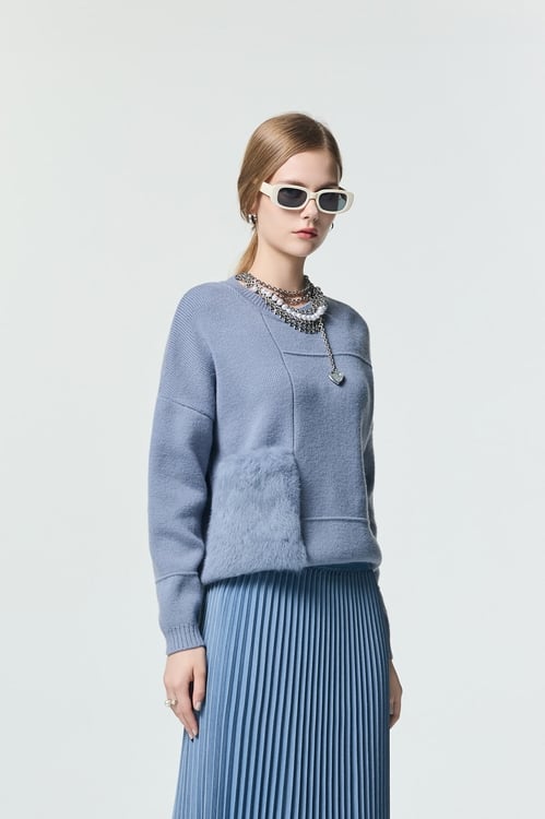 Faux Fur Pocket Detail Knit Top,Knitted tops