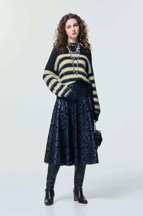 Navy With Yellow Stripe Knit Top,,Navy With Yellow Stripe Knit Top,Jackets,Outerwear,Season (SS) Look,Plaid,bows,Tops,Season (SS) Look,Knitted,Knitted tops,Tops,Season (SS) Look,Stripe,Knitted,Knitted tops