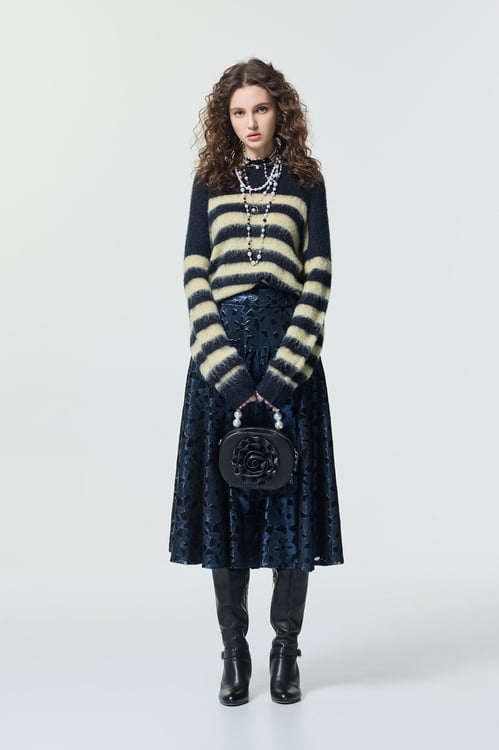 Navy With Yellow Stripe Knit Top,,Navy With Yellow Stripe Knit Top,Jackets,Outerwear,Season (SS) Look,Plaid,bows,Tops,Season (SS) Look,Knitted,Knitted tops,Tops,Season (SS) Look,Stripe,Knitted,Knitted tops